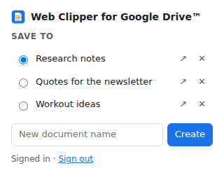 Extension window: a list of documents to save to, a field for a new document name and a Create button